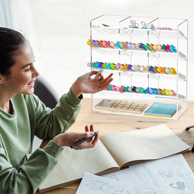 MotiMind Acrylic Pen Organizer Storage for 150 Markers Vertical Marker Organizer Acrylic Pen Display Holder for Office Desk Desktop Stationery Pencil Storage, Clear, 10.2 x 4 x 9.8 Inch - Image 5