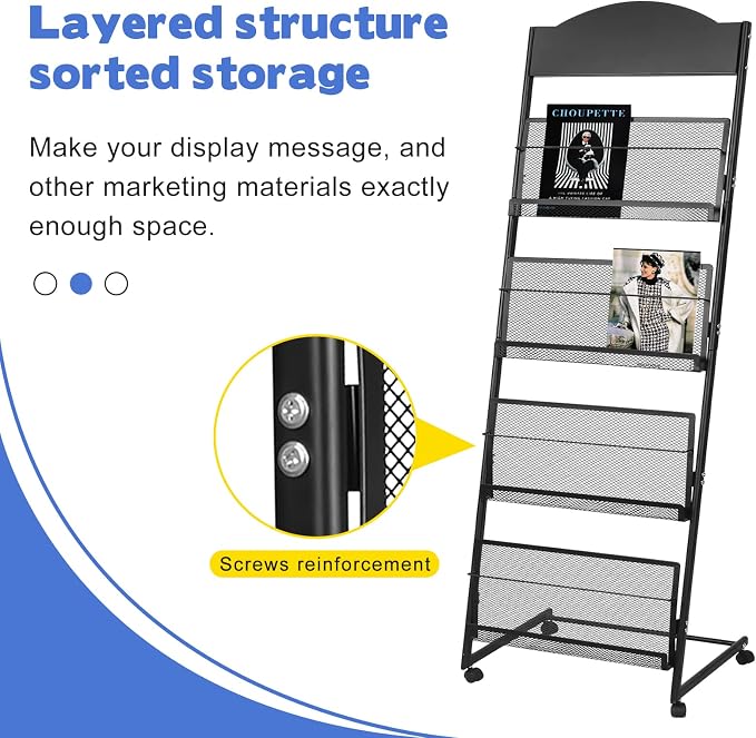 18.9''W Floor-Standing Magazine Display Rack, Rolling Journals, Brochure & Newspaper Stand, Literature Holder for Trade Shows, Exhibitions, & Offices, Black - Image 3