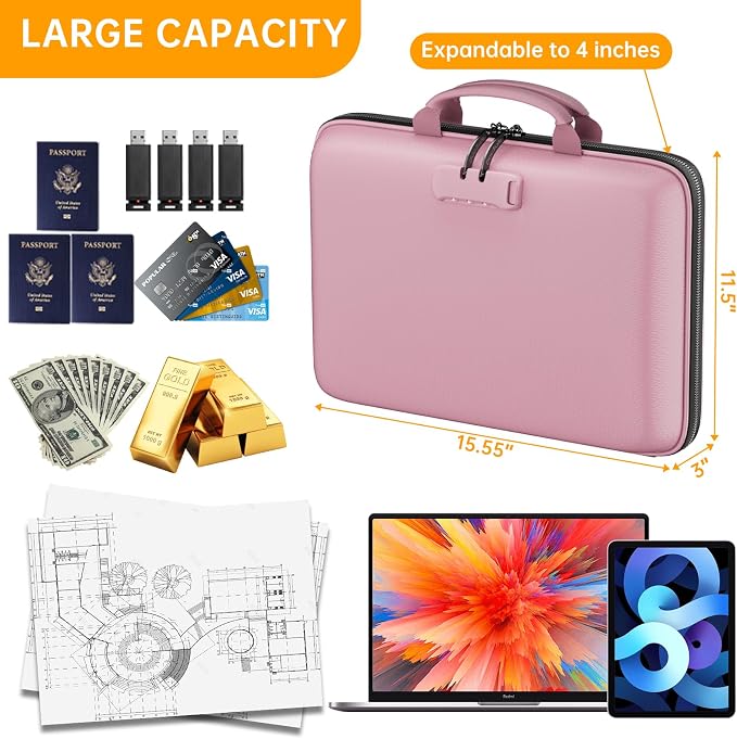 DocSafe Fireproof File Organizer with Lock, Hard-Shell Case Fireproof Document Box with 13 Pocket Accordion File Folder, Portable Home Office Travel Safe Storage for Important Documents Laptop Pink - Image 4