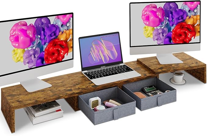TEAMIX Dual Monitor Stand Riser - Length and Angle Adjustable White Monitor Stand with 2 Drawers to Storage Large Computer Riser for 2 Monitors/Laptop/PC, Wood Screen/TV Stand Desk Organizer (Brown) by TEAMIX