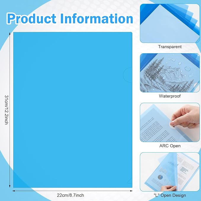 Fainne 100 Pcs Plastic Document Folders Clear File Folders Plastic Pockets Sleeves Letter Size 8.7 x 12.2 Inches A4 Assorted Colors for Office Supplies (Blue) - Image 3