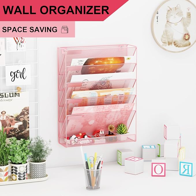 Wall File Organizer Holder Mesh Hanging Paper Document Holder, Vertical 6 Pocket Tier for Office Home, Light Pink - Image 2