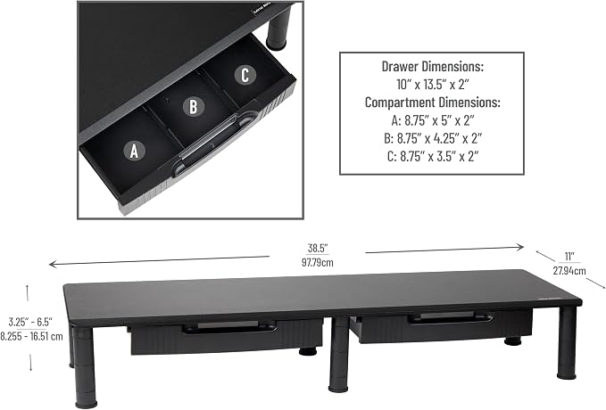 Mind Reader Dual Monitor Stand, Height Adjustable, Desktop Organizer, Laptop Riser, Office, 38.5"L x 11"W x 2.55-6.5"H, Black - Image 3