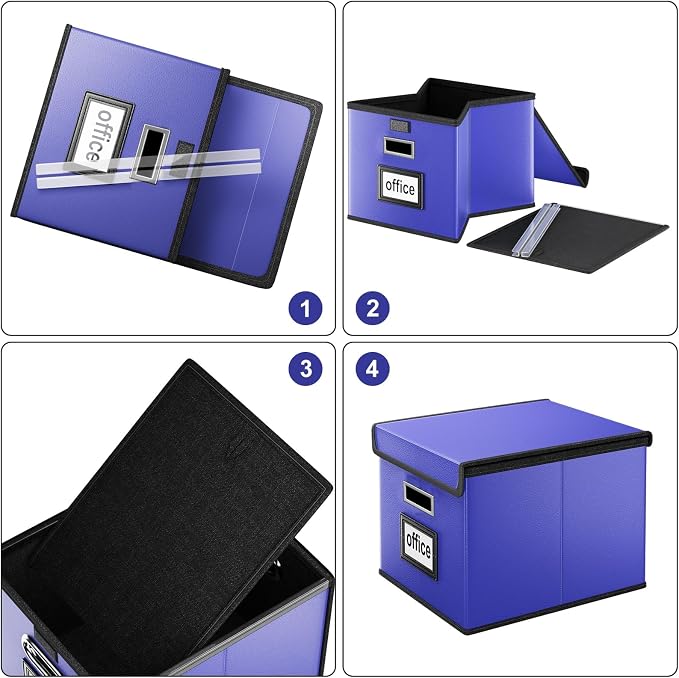 File Organizer Box with Lids, Collapsible File Folder Organizer | File Box with Plastic Slides for Document, Filing Bin for Letter Size Hanging File Folders (2 Pack, Navy Blue, Leather) - Image 7