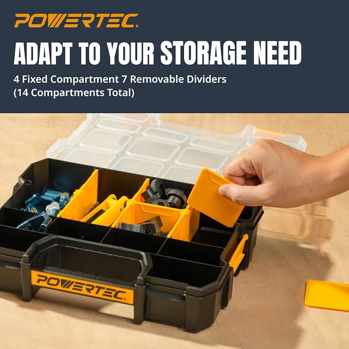 POWERTEC Small Parts Organizer & Tool Box – 14 Compartments, Stackable Storage with Interlocking Latch, Removable Dividers, Clear Lid, Portable Design (72364) - Image 3