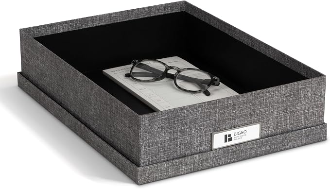 Bigso Oskar Canvas Fiberboard Document Letter Box for Important Paperwork A4 or Letter Size - Durable Keepsake Box with Lid and Metal Label Holder - 3.3in x 10.2in x 13.8in - Melange Grey - Image 4