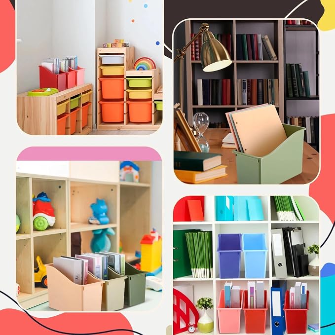Teling 24 Pcs Plastic Book Bins Bulk for Classroom Interlocking Magazine Holder Organizer Folder Binder Storage Container Box with Name Labels for School Office Home Supply (Retro Earth Tone) - Image 5