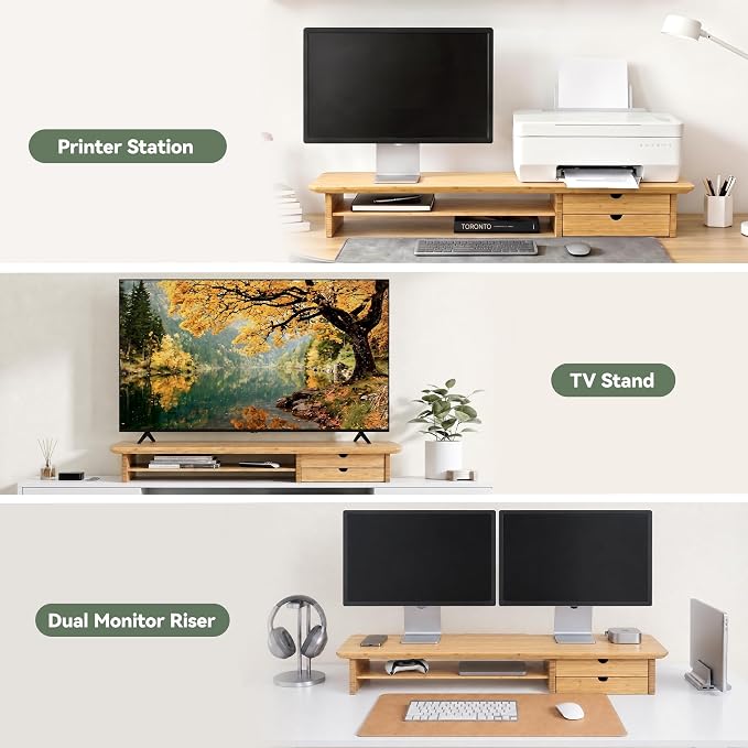 Bamboo Dual Monitor Stand, Natural Desk Shelf with Storage | 39.3 inch Monitor Riser with 2 Drawers, Desk Stand with Cable Management for Home Office, Printer, Laptop - Image 6