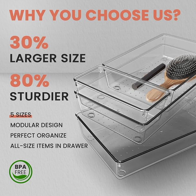 Large Clear Plastic Drawer Organizer 28 Pack - 5 Sizes (XL to small) Acrylic Drawer Organizer Trays for Kitchen Utensils, Gadgets, Bathroom, Vanity and Makeup, Office - Everything Can Be Organized! - Image 3