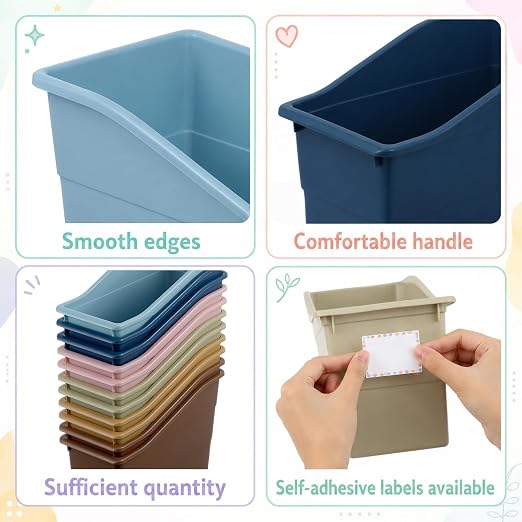 12 Pack Large Book Bins, Durable Magazine Organizer File Holder Plastic Book Storage Bins with Labels for Classroom Library Office, Desktop Organization, Bookshelf Categorization (Retro) - Image 3
