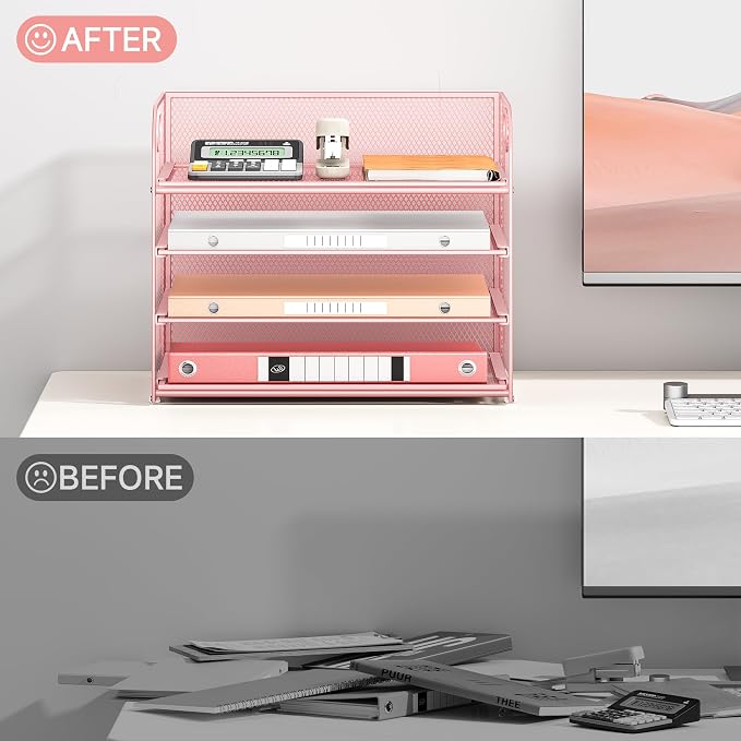 4-Tier Paper Organizer for Desk With Handle, Mesh Desktop File Tray, Office Classroom Organization and Storage - Pink - Image 7