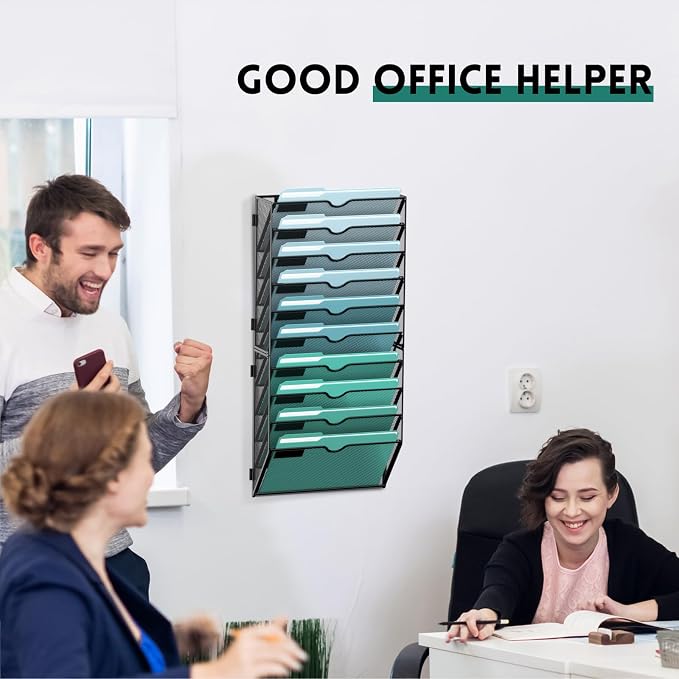 10-Tier Wall File Organizer, Hanging File Holder, Wall Mounted Mail Sorter | Metal Mesh Hanging File Organizer with Open Compartments and Label Panels for Papers and Folders at Home, Office or School - Image 5