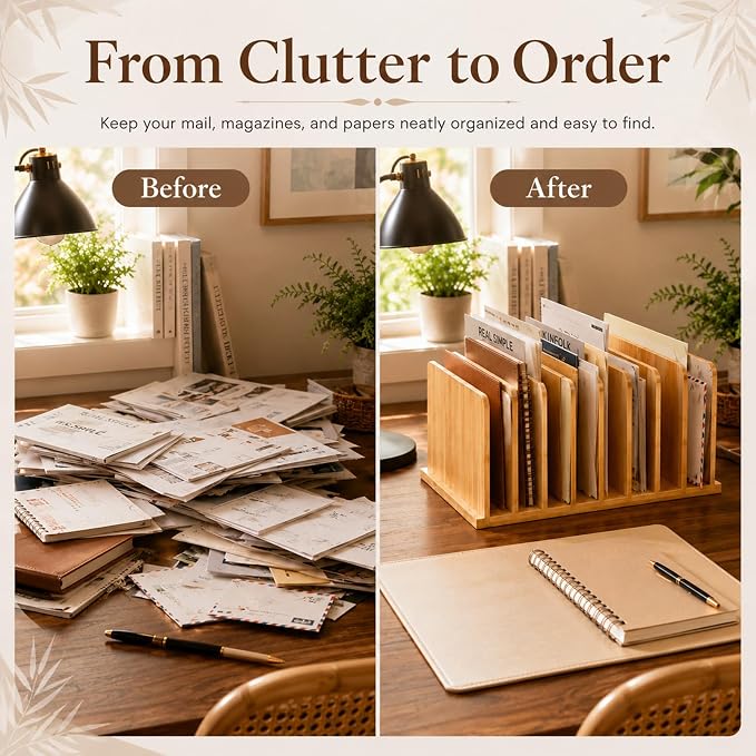Suzile Bamboo File Mail Organizer for Desk, 10 Slot Vertical File Sorter,Letter Sorter, Desktop Mail Holder, Wooden Office Desk Organizer Countertop Paper Holders for Documents, Envelope - Image 3