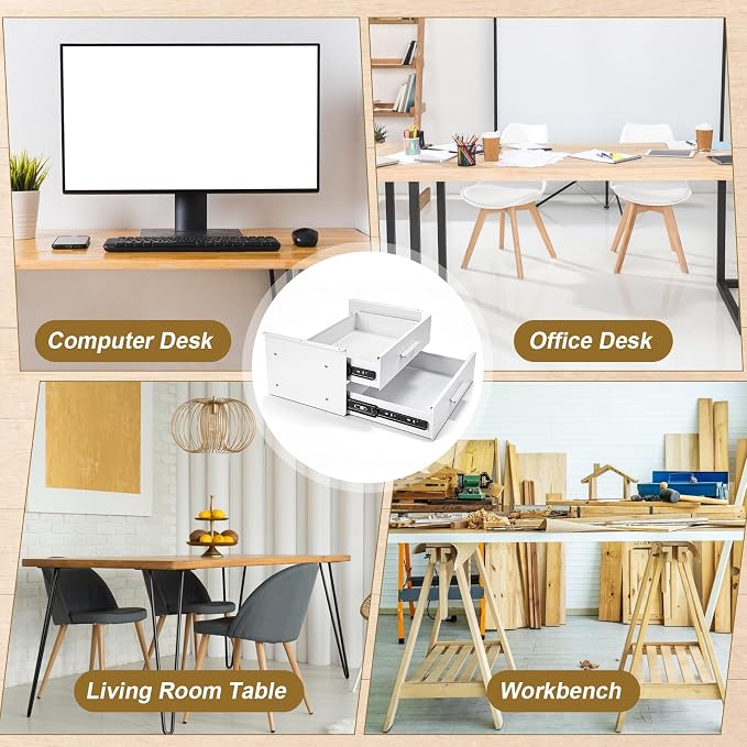 16'' Under Desk Drawer Slide-out Steel Under Counter Drawers Storage Organizer Large Hidden Pull-out Tray for Table Desks Home Office Workstation(White,2 Layer) - Image 7