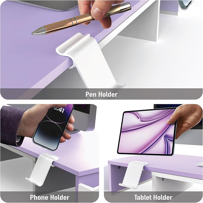 Simple Houseware Desk Dual Monitor Stand Riser with Drawer, Purple | Customizable Organizer Tray, Built-In Phone & Tablet Slot and Side Storage - Image 4