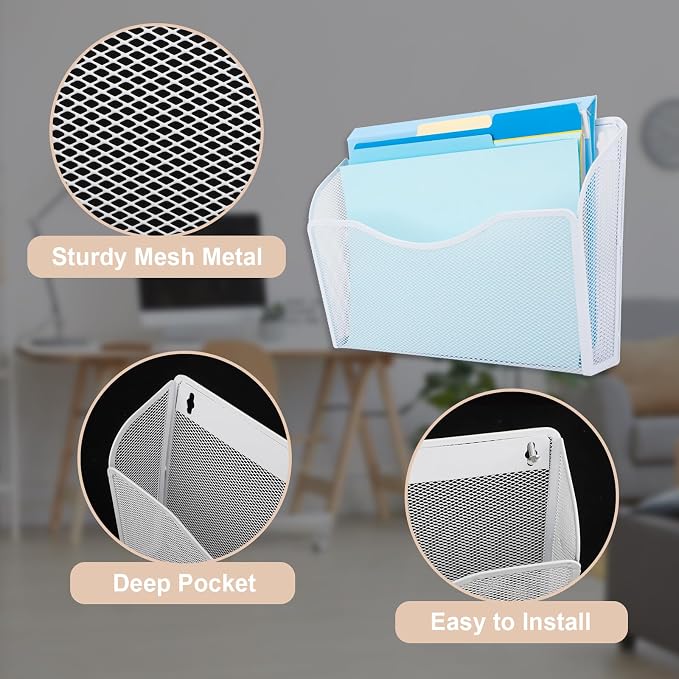 3 Single Pocket Mesh Hanging File Organizer, Vertical Wall Mounted Magazine File Holder, Mount Basket Mail Paper Document Folder Organizing for Office, Home and School, White - Image 2