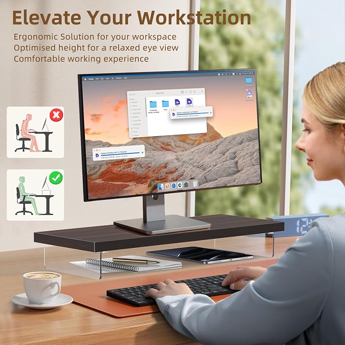 Monitor Stand Riser, 25x10 in Wood & Acrylic Computer Desk Organizer Shelf | Computer Monitor Stand With Wood & Acrylic Design; Works As Laptop Riser, Printer Stand, TV Screen Riser And Desk Organizer. - Image 6
