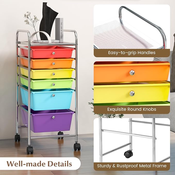 COSTWAY 6-Drawer Rolling Storage Cart, Art Craft Tools Organizer on Wheels | Multifunctional Heavy Duty Utility Mobile Storage Trolley w/ 2 Lockable Wheels for Home Office School (Multi-color) - Image 6