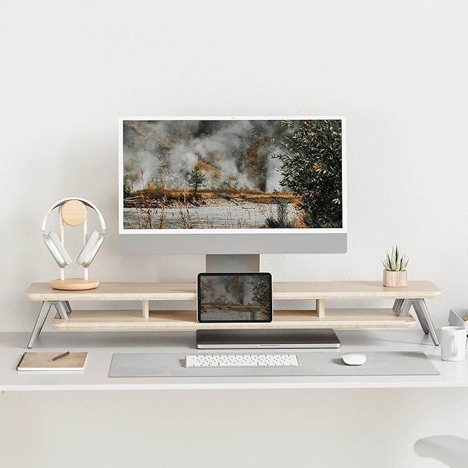 Fenge Dual Monitor Stand Riser, Wooden Desk Shelf with 2-Tier Storage | 42.5-Inch Wide, Sturdy Aluminum Legs, Built-In Phone & Tablet Slot, Desktop Organizer for Office Accessories - Image 2