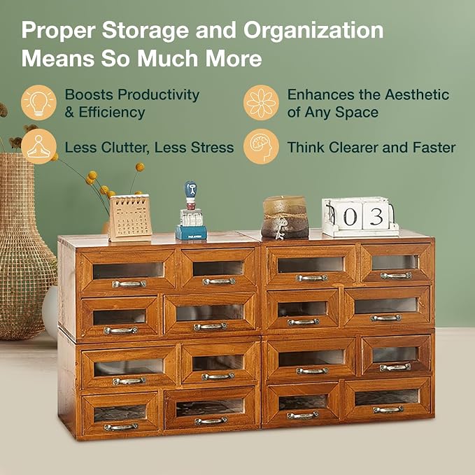 Stackable Modular Tiered Set of 4 Store and Display Wooden Desktop Organizing Cabinets - 16 Drawer Wood Display Chest with 4 See-through Slots - 16-Drawer Storage for Table, Dresser or Countertop - Image 5