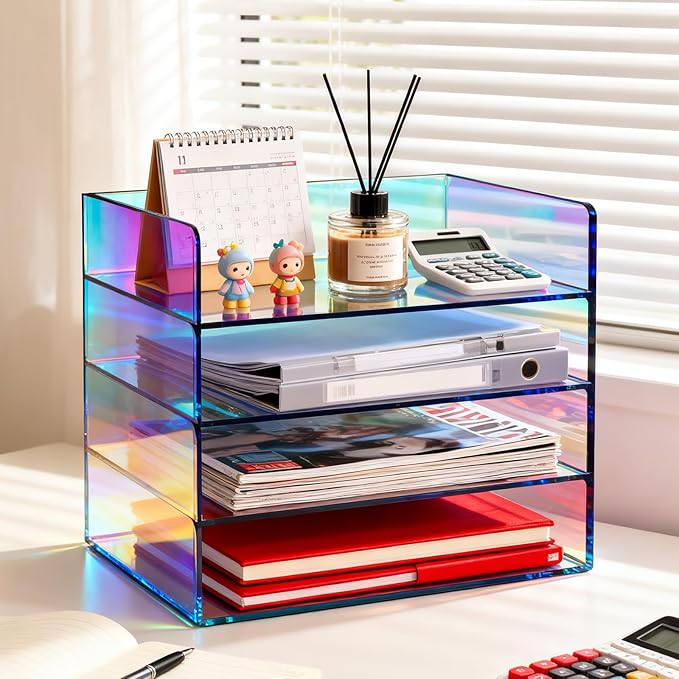 Gelite Acrylic File Organizer for Desk 4 Tiered Stackable Letter Tray Office Paper Storage Desktop Document Sorter, Iridescent - Image 4