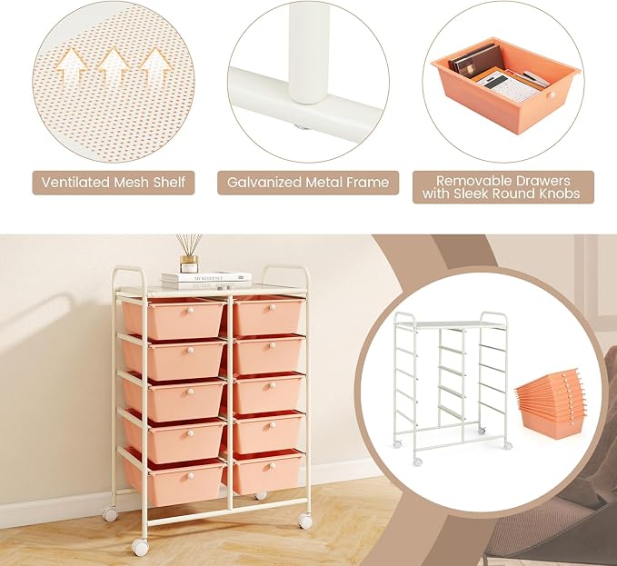 COSTWAY 10 Drawer Rolling Storage Cart, Utility Cart with Lockable Wheels | Mobile Art Supply Craft Organizer with Metal Frame, Multipurpose Drawer Cart for Paper for Office, School, Peach - Image 6