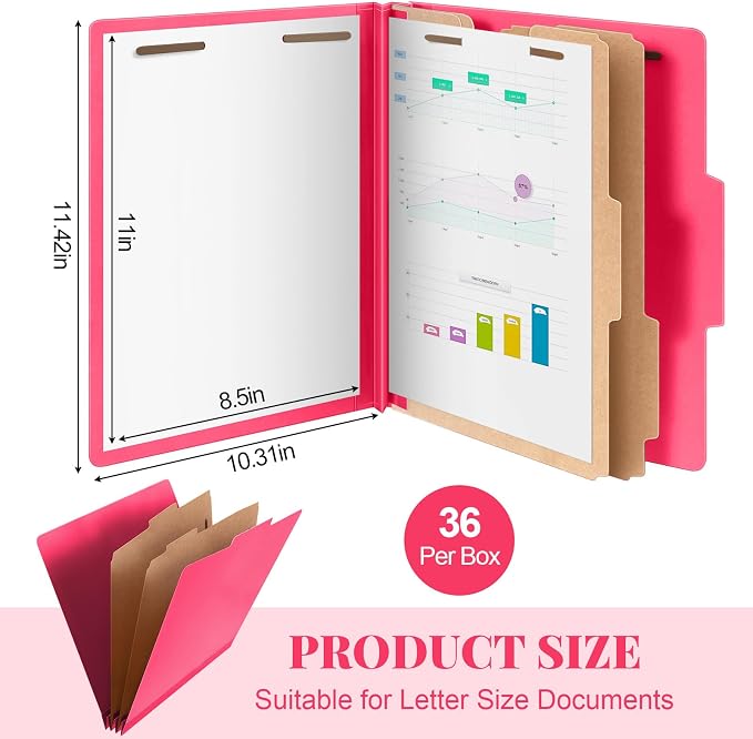 AmazingSpark 36 Pcs Classification Folder Letter Size Bulk 2 Divider Pressboard File Folder with Expansion 2 Prong Fastener Heavy Duty Office File Organizer for School Medical Document(Hot Pink) - Image 2