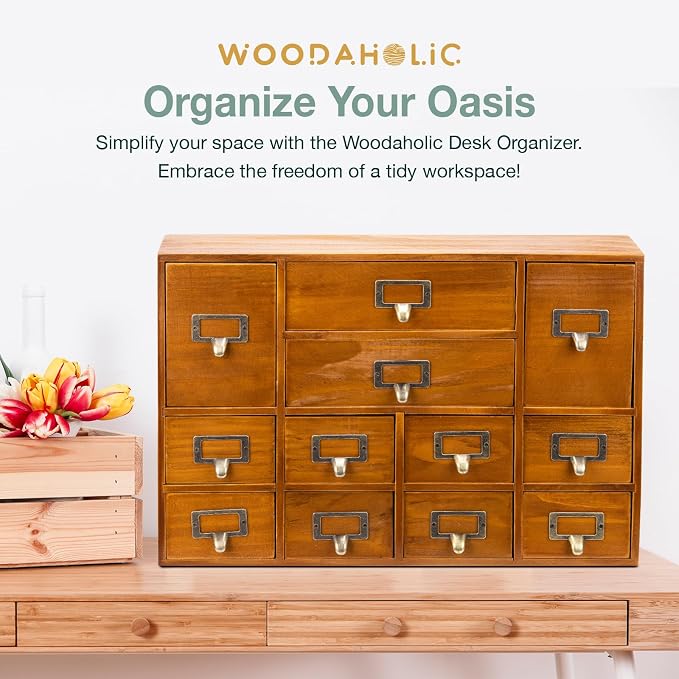 12-Drawer Apothecary Cabinet - Index Card Organizer - Vintage Chest of Drawers - Mahogany Wooden Organizer - Office Desktop Drawer Organizer for Herb Storage, Apothecary Diaries, Tea Collection - Image 3