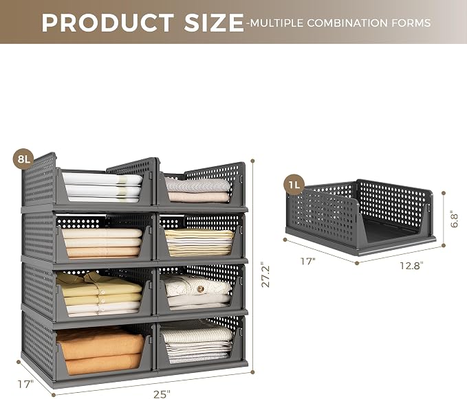 8 Pack Closet Organizer Storage Bins Stackable Plastic Drawer Shelf | Basket for Clothing Stackable Storage Bins Shelf Storage Container for Closet Wardrobe Bedroom Bathroom Office Grey Foldable - Image 4