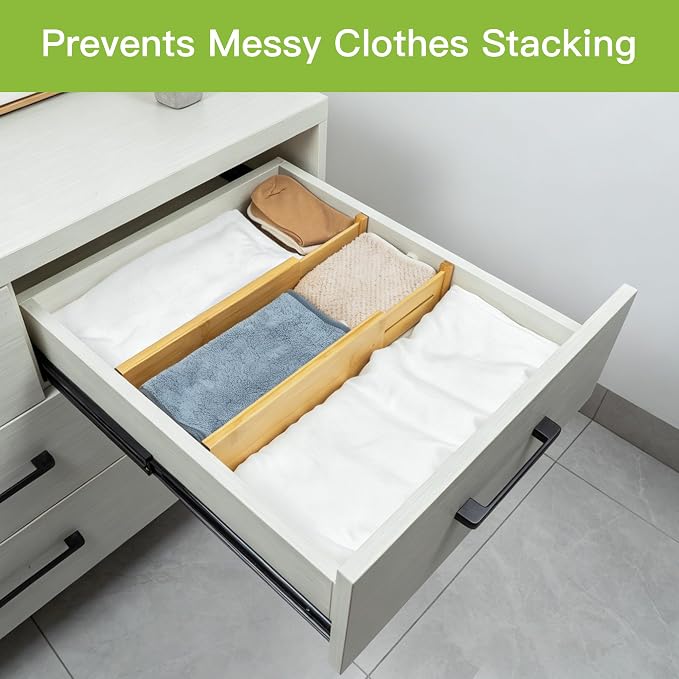 Utoplike Bamboo Dresser Drawer Dividers, Expandable Organizer for Clothing | Adjustable 3.2" High Drawers Separators for Kitchen, Bathroom, Bedroom, Office Storage, 4Pcs, Fit 13.5"-16" Inner Drawer - Image 7