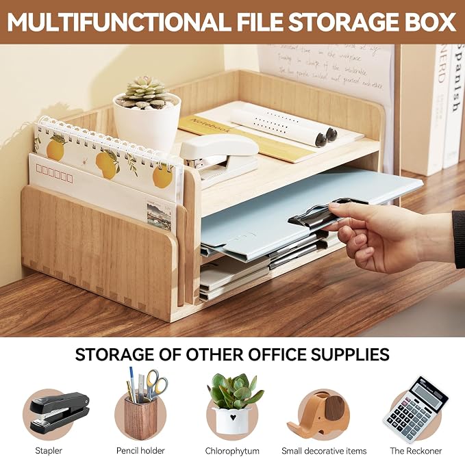 KIRIGEN Wood Desk Organizer, 5-Tray Letter Tray and Mail Sorter Natural 2TP | Solid Wood 3-Tier Desktop Organizer with 5 Storage Areas for Mail, Folders, Letter Paper and Office Supplies, Fully Assembled - Image 2