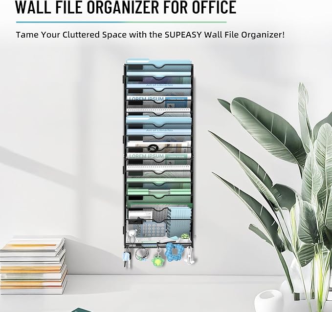 15-Tier Wall File Organizer with 5 Hooks, Wall Mounted Mail Organizer | File Holder Organizer, Metal Mesh Office Wall Organizer for Home, School & Classroom - Image 7