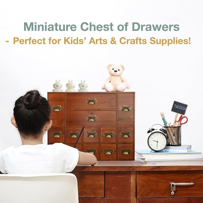 14-Drawer Apothecary Cabinet - Index Card Organizer - Miniature Chest of Drawers - Brass Handle Organizer - Kids' Arts and Crafts Storage - Wooden Desktop Drawer Organizer - Image 5