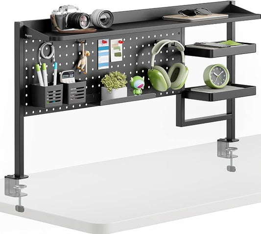 Clamp on Desk Shelf, 44" Desktop Shelving System, Black | with Pegboard and Accessories, Desktop Organizer with 2-Tier Shelf, Desk Pegboard for Office Home Gaming by Pegzone