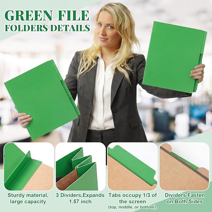 AmazingSpark 24 Pack Green Classification Folders Letter Size, 1 Divider, 1/3-cut Tab, File Folders with Fasteners, Prongs, Expanding File Organizer Bulk for Office Employee, Coworker, Staff - Image 6
