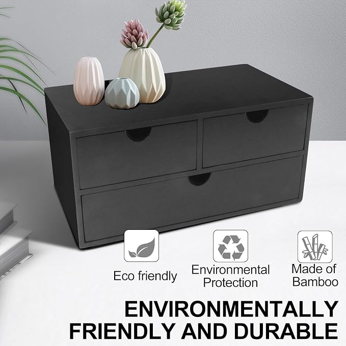 Charmewooden desk organizer with drawers countertop drawer organizer Tabletop Storage Organization Box Home Office Workspace Bathroom Toiletries Supplies (black) - Image 4