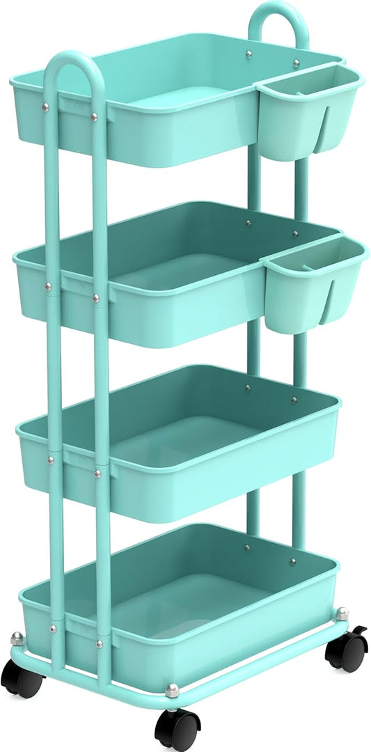 Simple Houseware 4-Tier Rolling Utility Cart with Hanging Bucket, Turquoise | Storage for Bathroom, Kitchen, Office, Study Room, Nursery Diaper by SimpleHouseware