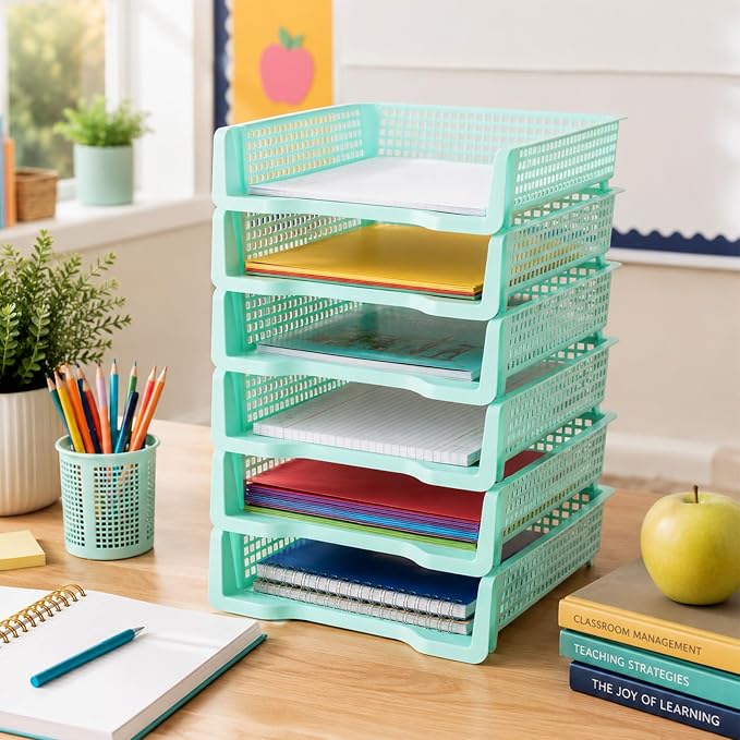 Set of 6 Teal Turn in Trays for Teachers Stackable Classroom Paper Letter Trays Plastic Classroom Desk Letter Organizer Tray Storage Baskets for Library, Drawers, Office, Home - Image 4