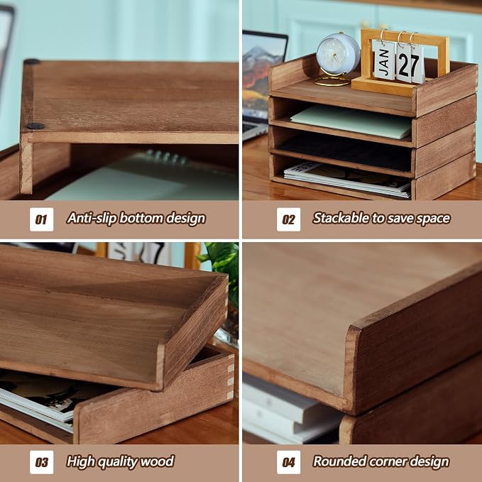 Yeaqee 4 Pcs Stackable Paper Organizer Tray Wood Desk Organizer Letter Tray Desktop Letter Size Office Wooden Desk Shelf Paper Holder Folder Organization Rack for Mail File Document(Dark Wood Color) - Image 4