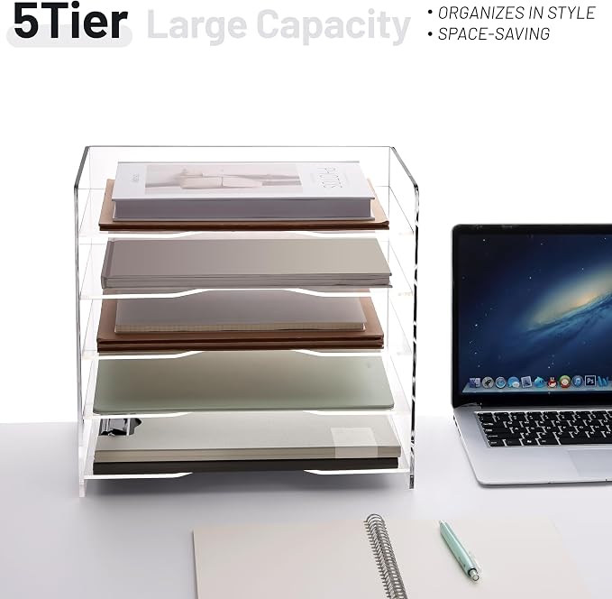SANRUI Acrylic Paper Organizer Letter Tray, 5 Tier Enlarged File Holder | Clear Desk Organizers and Accessories, Versatile Paper Sorter Desk Shelf for Office Classroom Home,13.8 x 9.6 x 13 in - Image 6