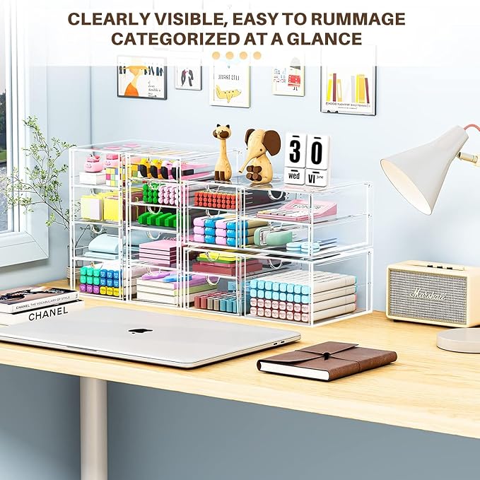 4-Pack Acrylic 16-Drawer Storage & Makeup Organizer for Desk | Smooth-glide drawers, clear acrylic, stackable, dustproof, wipe clean, for office supplies, pens, jewelry, makeup - Image 4