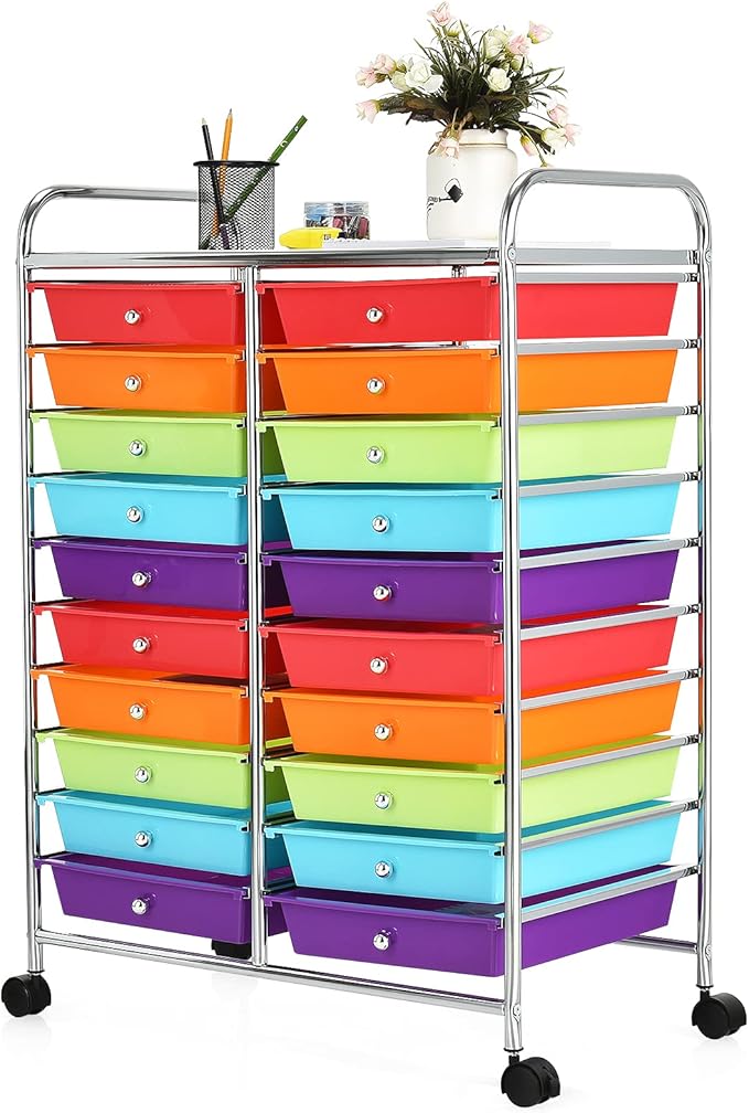 GOFLAME 20-Drawer Rolling Storage Cart, Multifunctional Art Craft Organizer Cart, Mobile Utility Storage Cart with Removable Drawers & Lockable Wheels, Craft Cart for Home Office School, Multicolored by GOFLAME