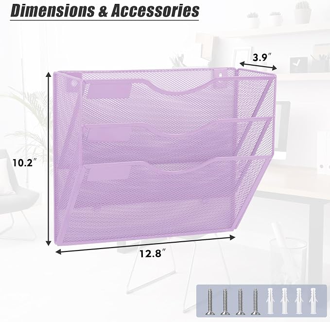 3 Pocket Mesh Hanging Wall File Organizer, Wall Mounted Mail Paper Document Folder Holder, Clipboard Storage Organization Magazine Rack with Nametag Label for Office Home School, Light Purple - Image 2
