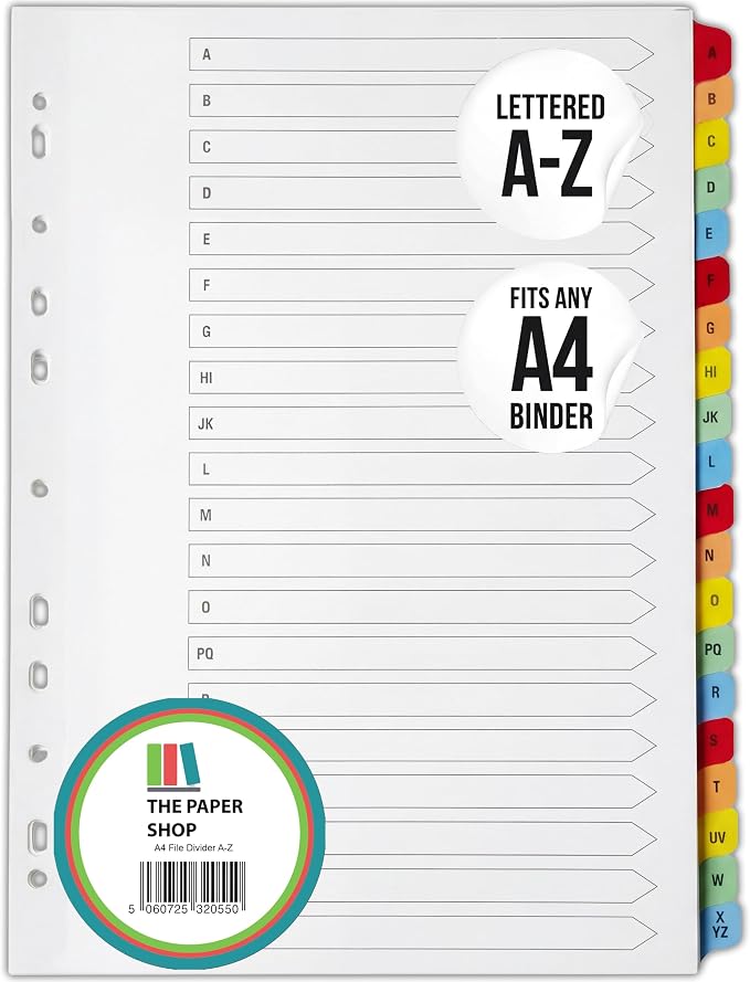 The Paper Shop A-Z Dividers for 3 Ring Binder - A4 (1 Pack) | Alphabet Binder Dividers with Tabs for Office School & Home | A-Z Alphabetical Index Tabs 150gsm | Colour-Coded Multipunched Set by ThePaperShop