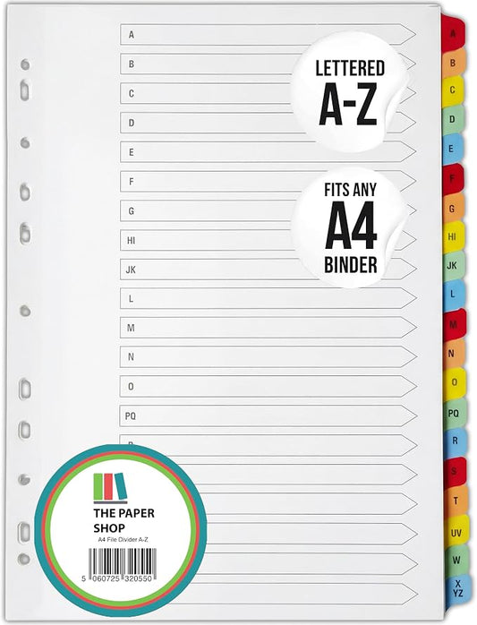 The Paper Shop A-Z Dividers for 3 Ring Binder - A4 (1 Pack) | Alphabet Binder Dividers with Tabs for Office School & Home | A-Z Alphabetical Index Tabs 150gsm | Colour-Coded Multipunched Set by ThePaperShop