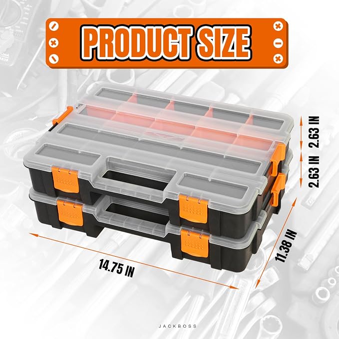 Jack Boss Tool Box with Transparent Lid, Single Side 17-Compartments Organizer Box with Removable Dividers for Hardware, Screws, Bolts, Nails, Beads, Jewelry and Fishing Accessories, Orange, 2 Pack - Image 2