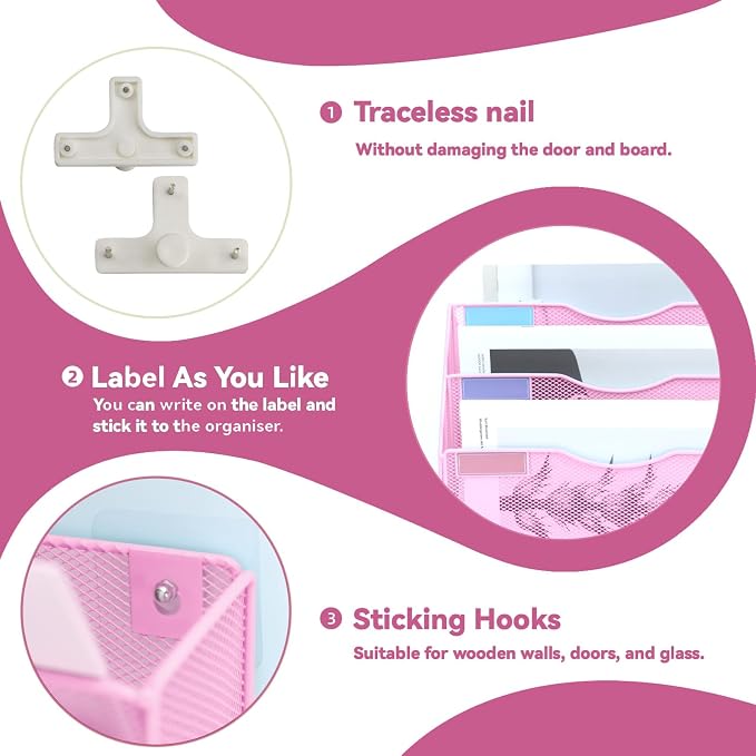3 Pockets Mesh Wall File Holder Organizer Office Hanging File Folder Magazine Rack, Nametag Label Hooks Set Included (Pink) - Image 4