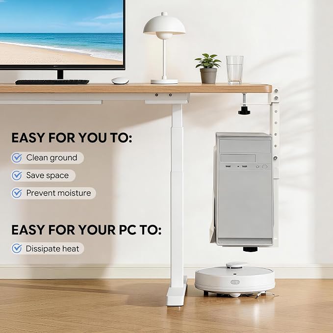 Adjustable Under Desk PC Mount, Heavy Duty No Drilling Clamp Mount on Desk Fits Most PC Tower 14.5”-22.4” (H) , Thickened & Ultra Strong CPU Holder for Standing Desk & Home Office, White - Image 6