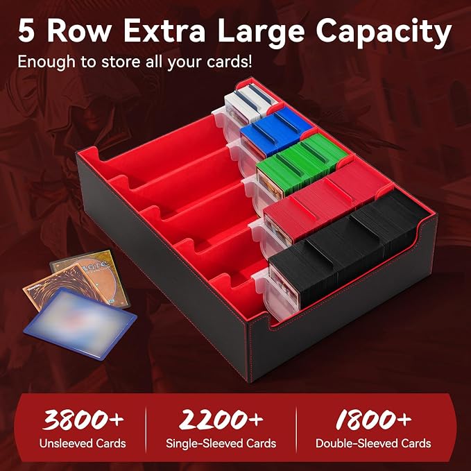 5 Row Trading Card Storage Box, 3800+Bulk Card Organizer Box with 20 Dividers & 5 Supporters, Graded Card Deck Box for YuGiOh, MTG, TCG with Double Lid Black/Red - Image 2