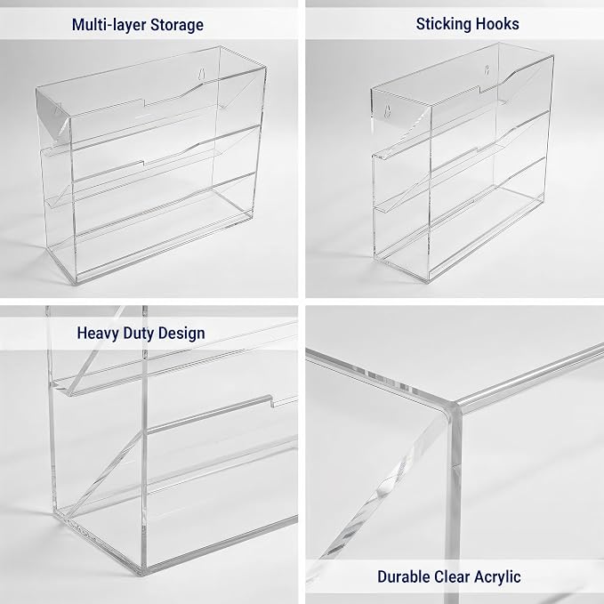 Hanging Wall File Organizer with 4 Pocket Tier - Acrylic Vertical Mail File Folder Holder Wall Mount Mail Magazine Rack with Bottom Tray for Office Home Countertop, Clear - Image 3